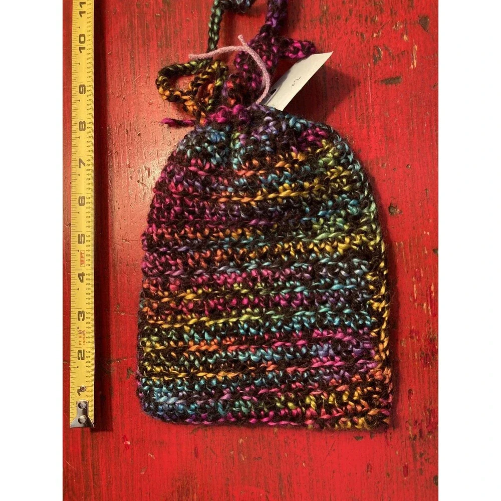 PURPLE CAT CRAFTS Handmade Bag Crocheted Drawstring Pouch Knitted Rainbow Colors